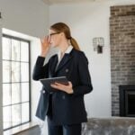 Woman in blazer with tablet in a modern home interior, symbolizing property viewing.